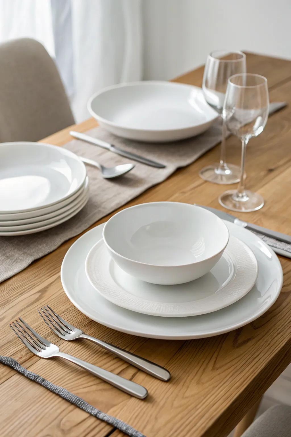 Simple, uncluttered place settings on a beautifully grained wooden table.