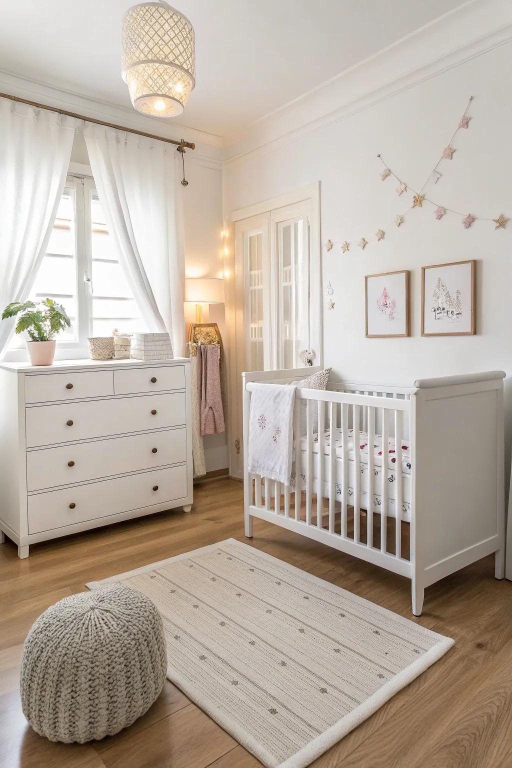 Understated furnishings heighten the feeling of spaciousness in the baby's room.