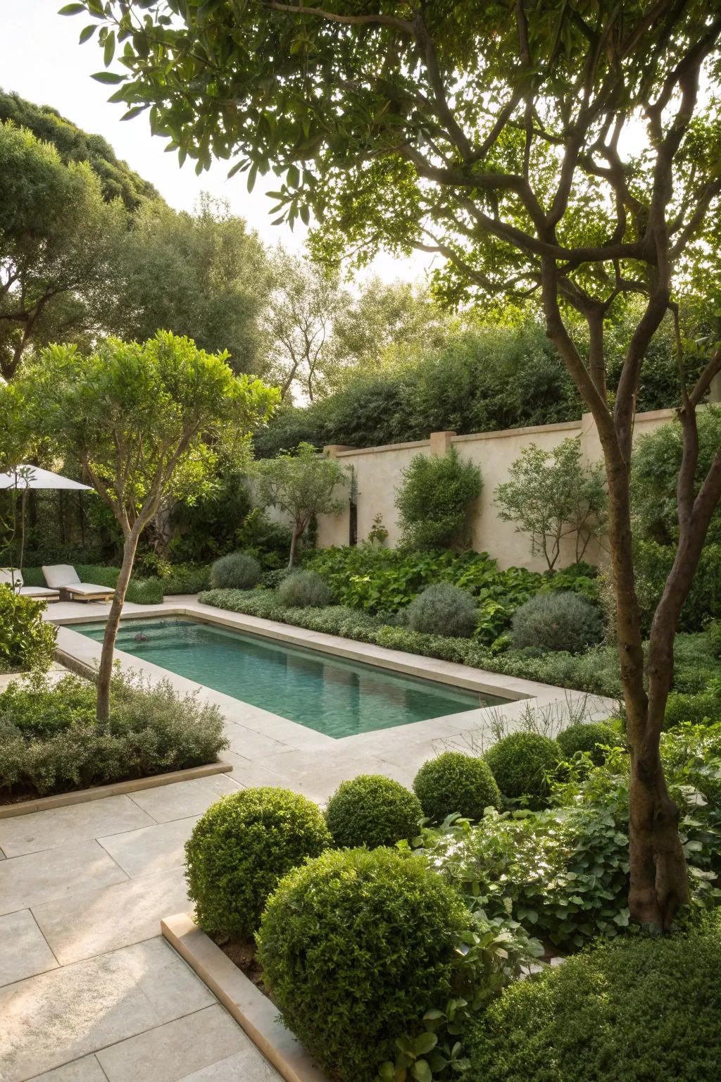 A perfect mix of plants enhancing the poolside mood.