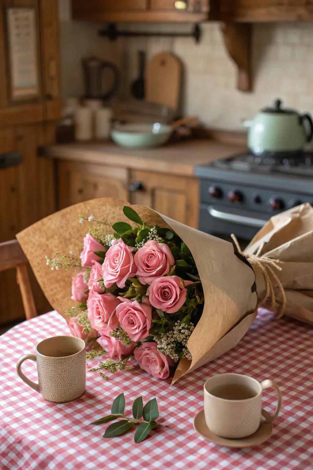 Roses bundled in kraft paper, radiating countryside charm.