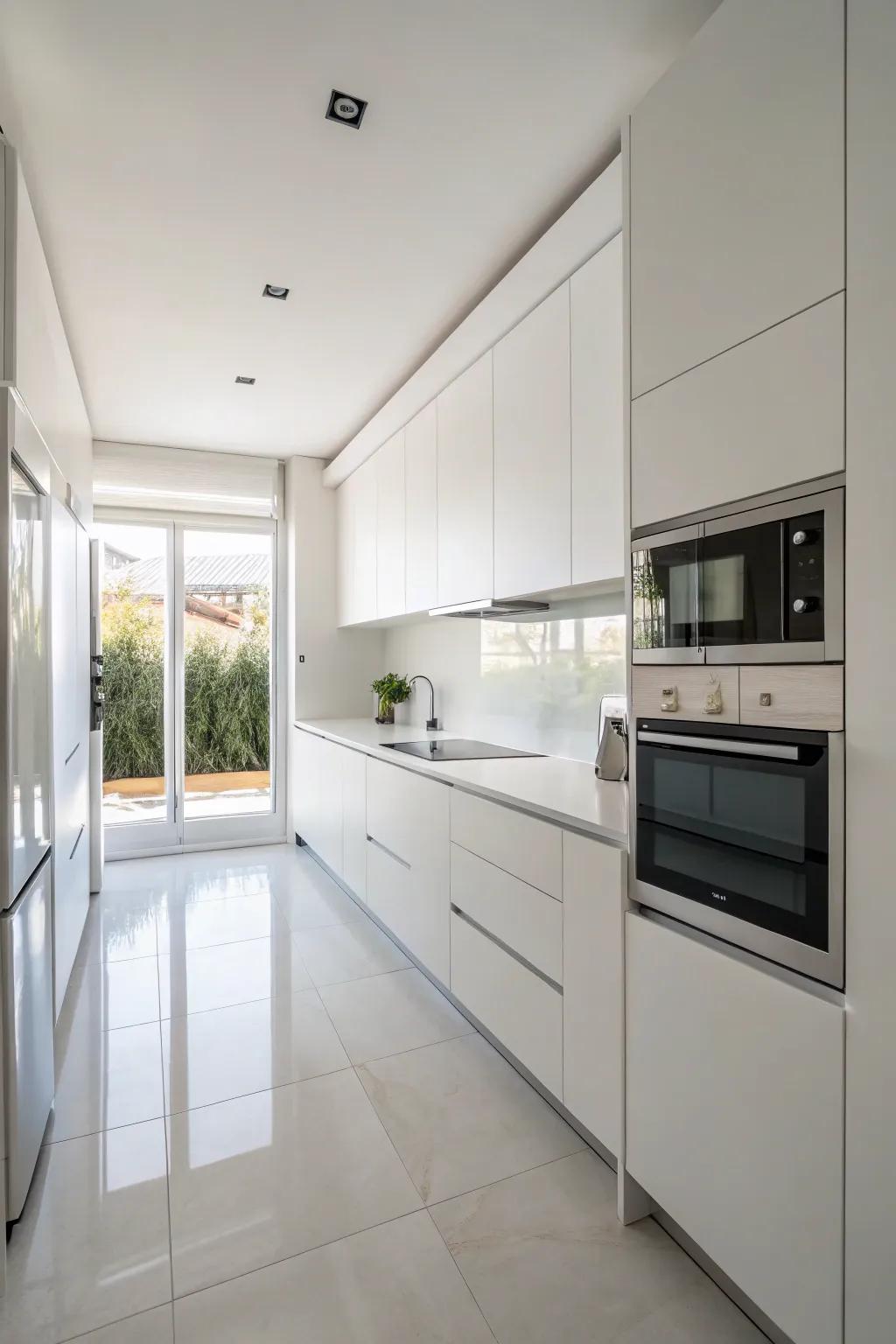 A minimalist white kitchen featuring sleek, uncluttered surfaces.