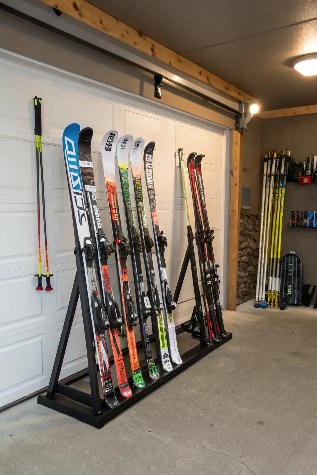 Freestanding racks excel in garages, ensuring skis stand upright and are neatly arranged.