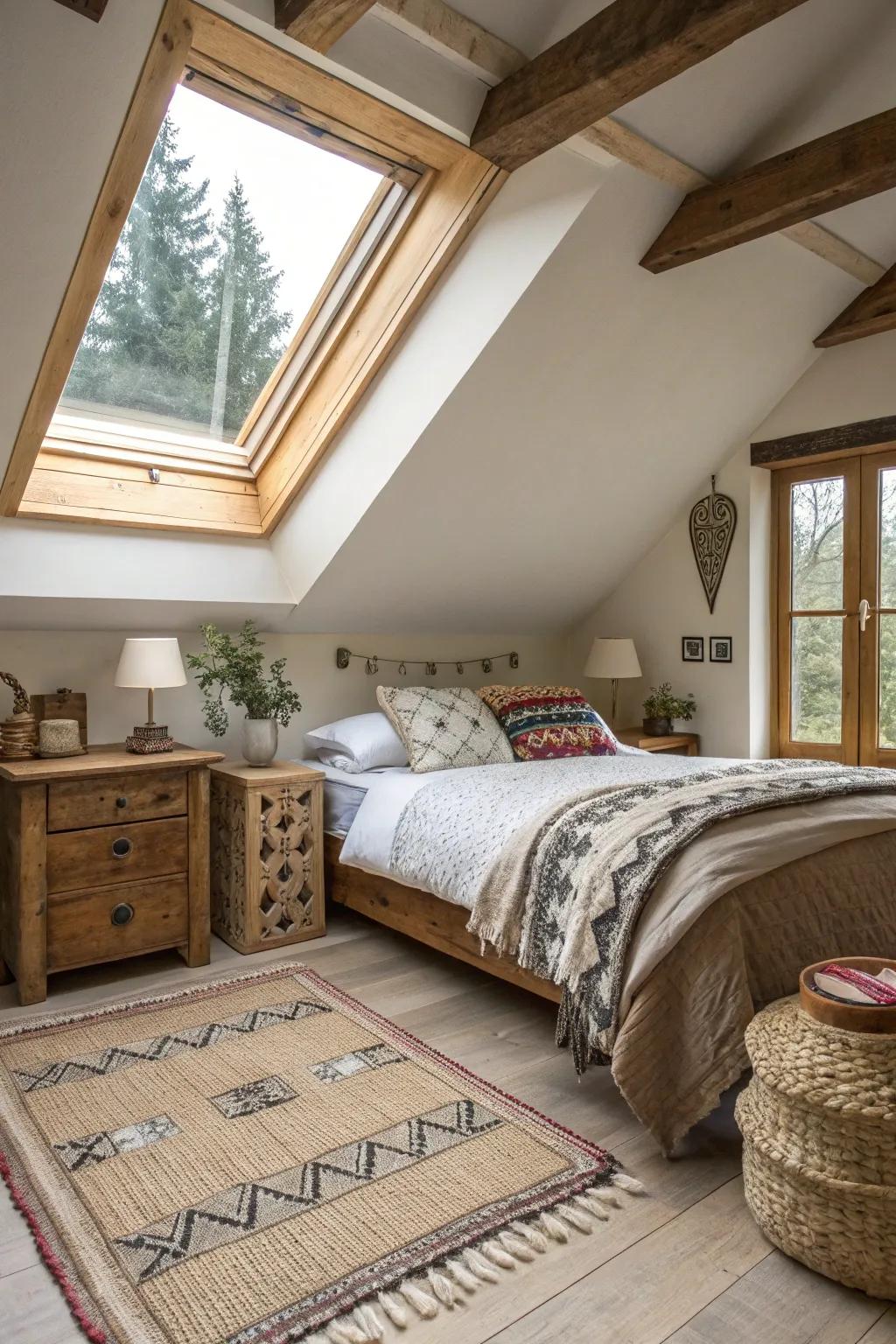 A comfy bedroom featuring a skylight framed with real timber.