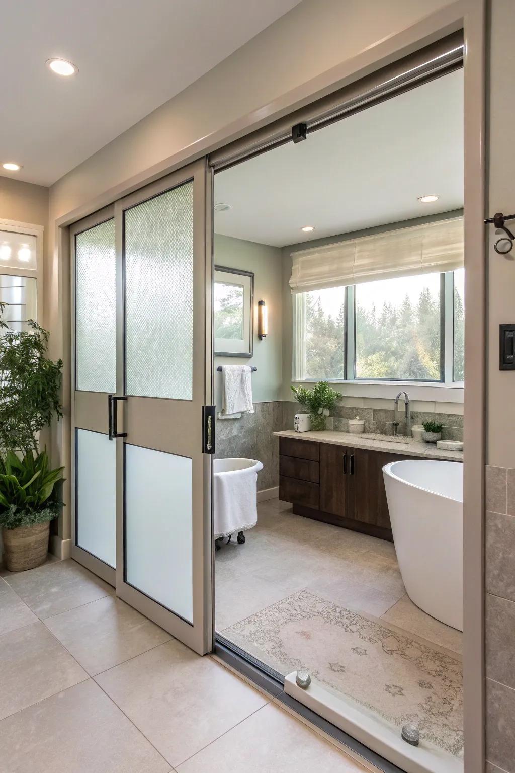 Blurred glass sliding doors give you just the right amount of light and peace in a modern bathroom.