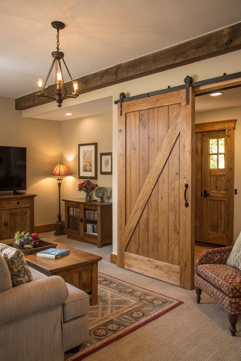 A wooden sliding door provides warmth and charm to this inviting living space.