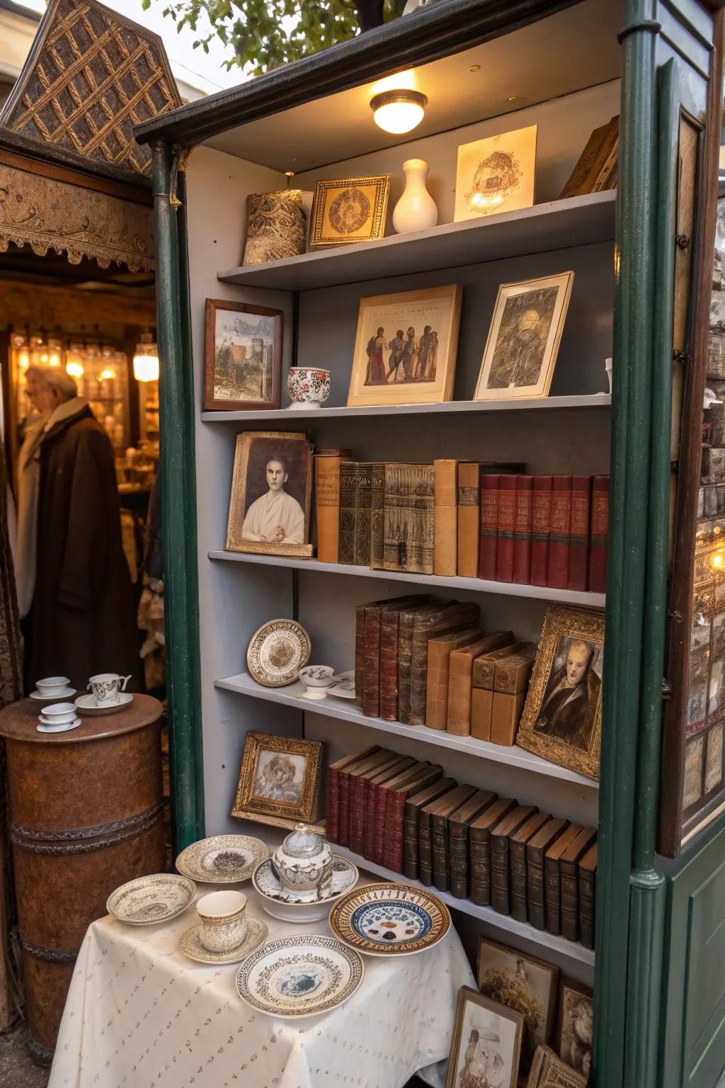 Upright shelves exhibiting artifacts and historical books