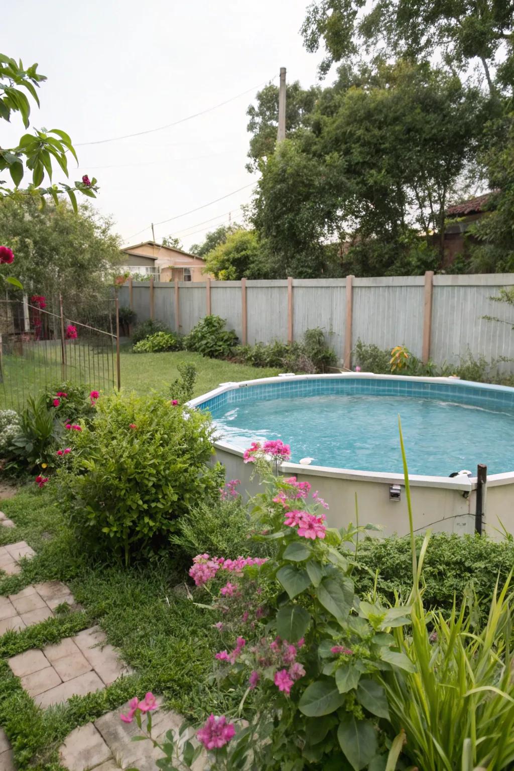 An above-ground pool surrounded by vibrant vegetation and flowers, creating a serene getaway.