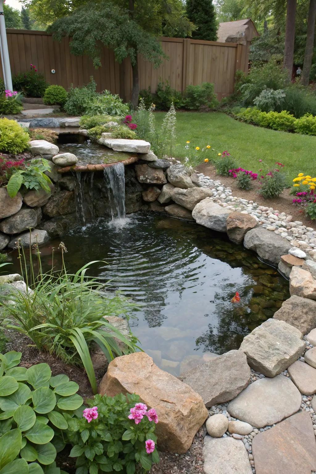 A small waterfall bringing a peaceful sound and movement to the compact pond.