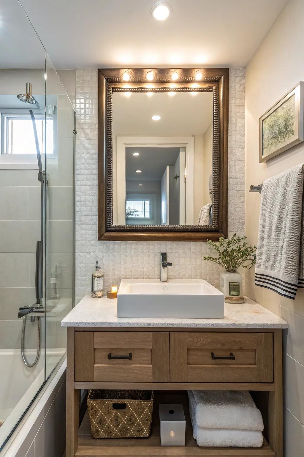 Mirrors above backsplashes trick the eye, creating an expansive feel.