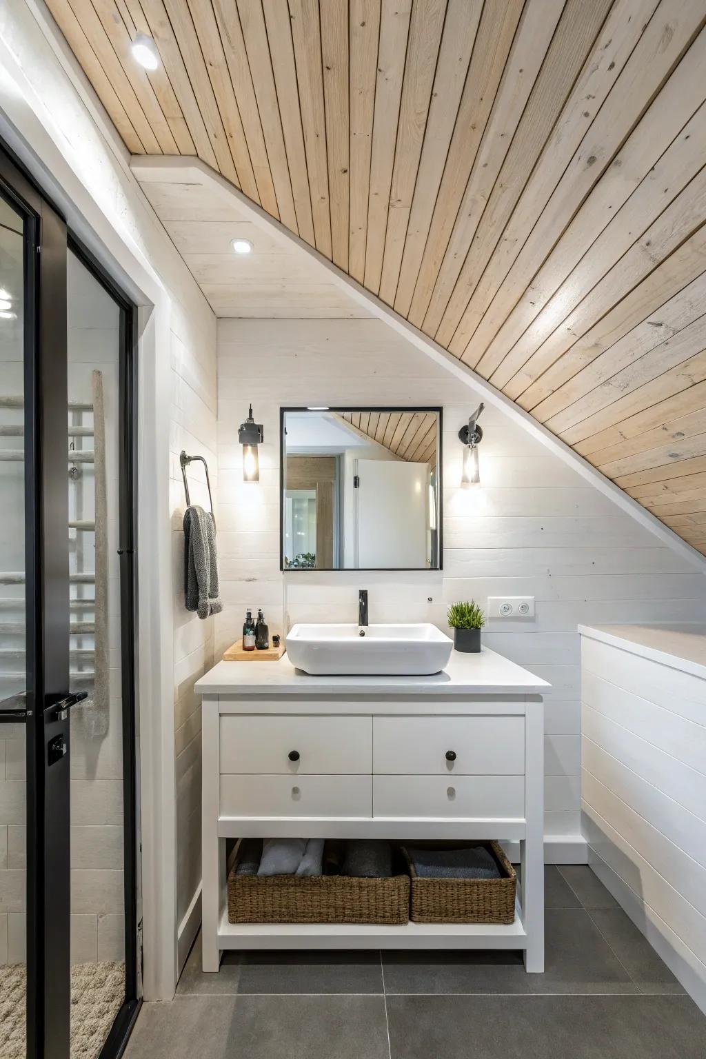 A luminous bathroom featuring a limewashed timber roof that amplifies the sense of spaciousness.