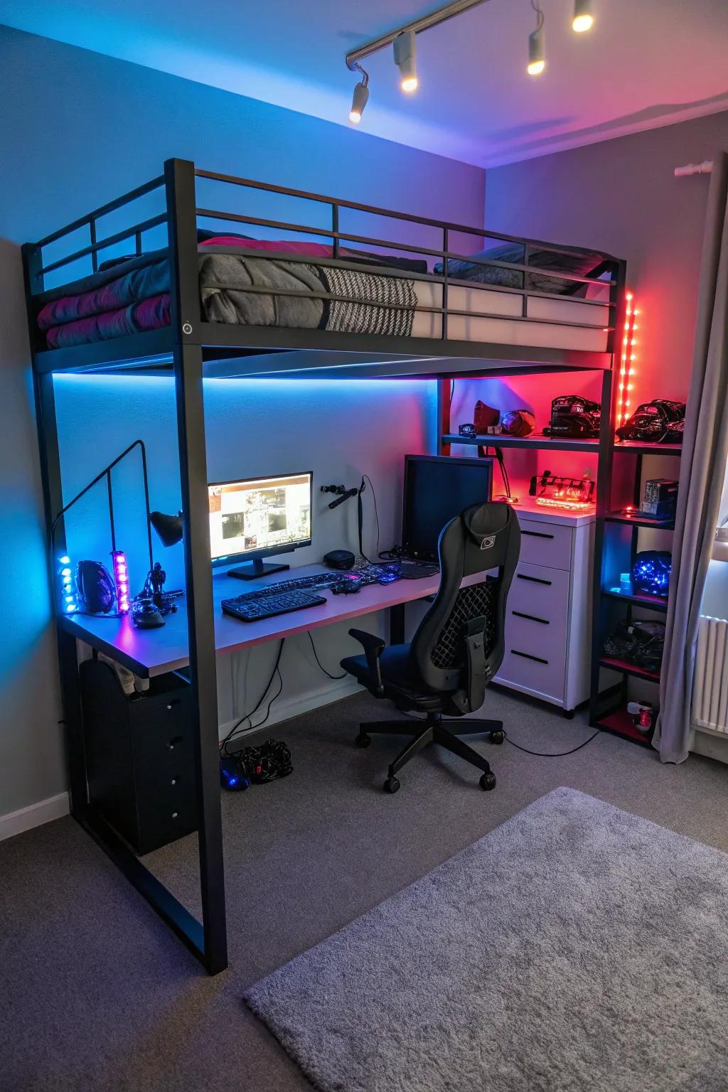 Harness vertical space by utilizing loft beds to create functional gaming setups.