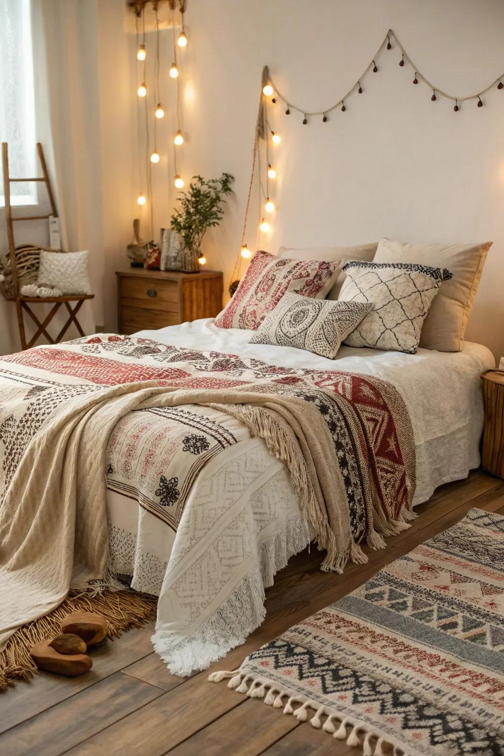Layered textiles impart coziness and depth to this small boho bedroom