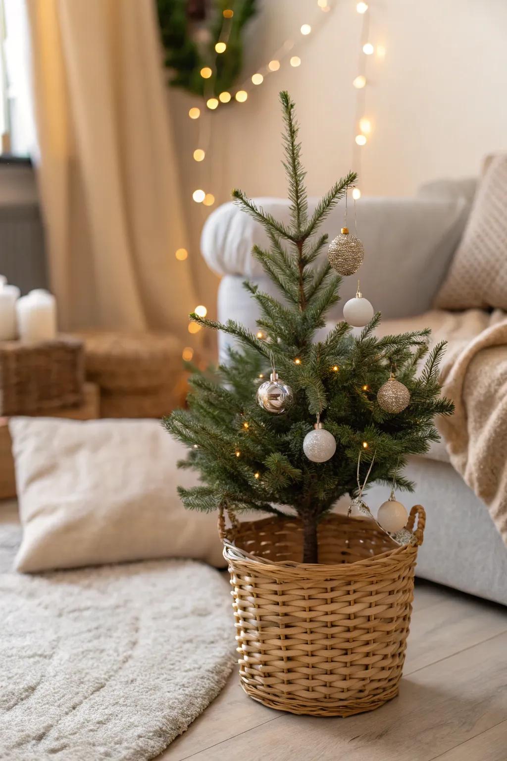 A petite festive fir in a countryside basket base, ideal for a cozy atmosphere.