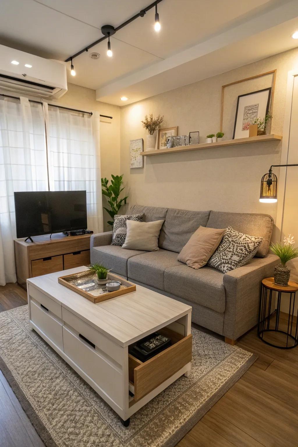 Multifunctional furniture is key to maximizing space.