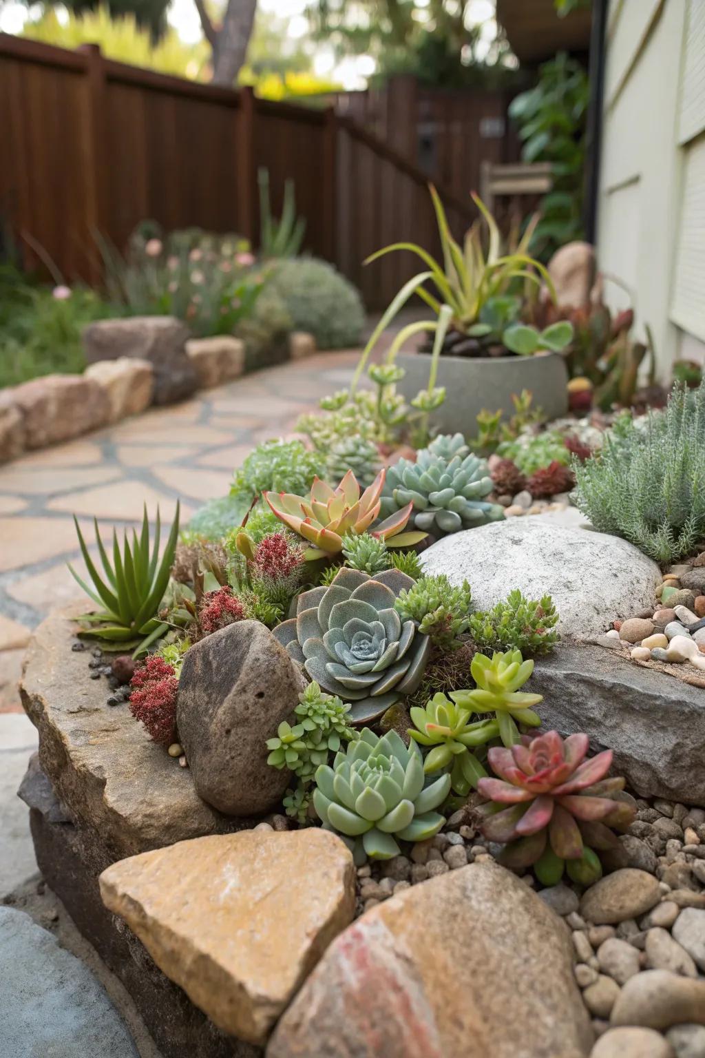 A vibrant array of succulents in a corner rockery.