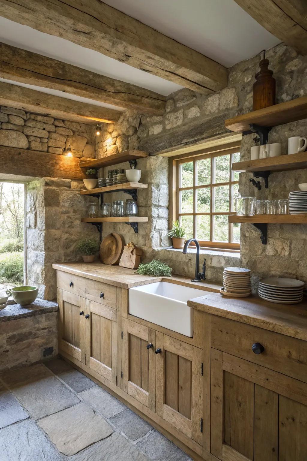 Natural ingredients add countryside glamour to this miniature cottage cooking space.