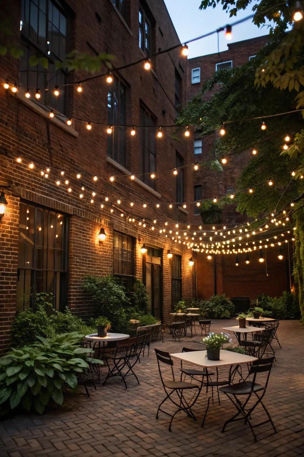 Festoon lights contribute an enchanting element to a compact courtyard.