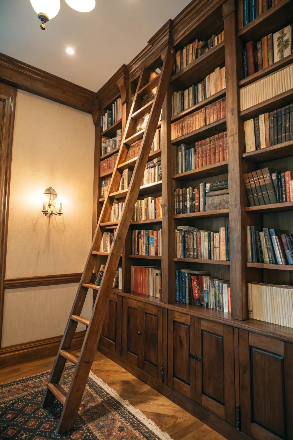 A library ladder imparts refinement and practicality to confined spaces.