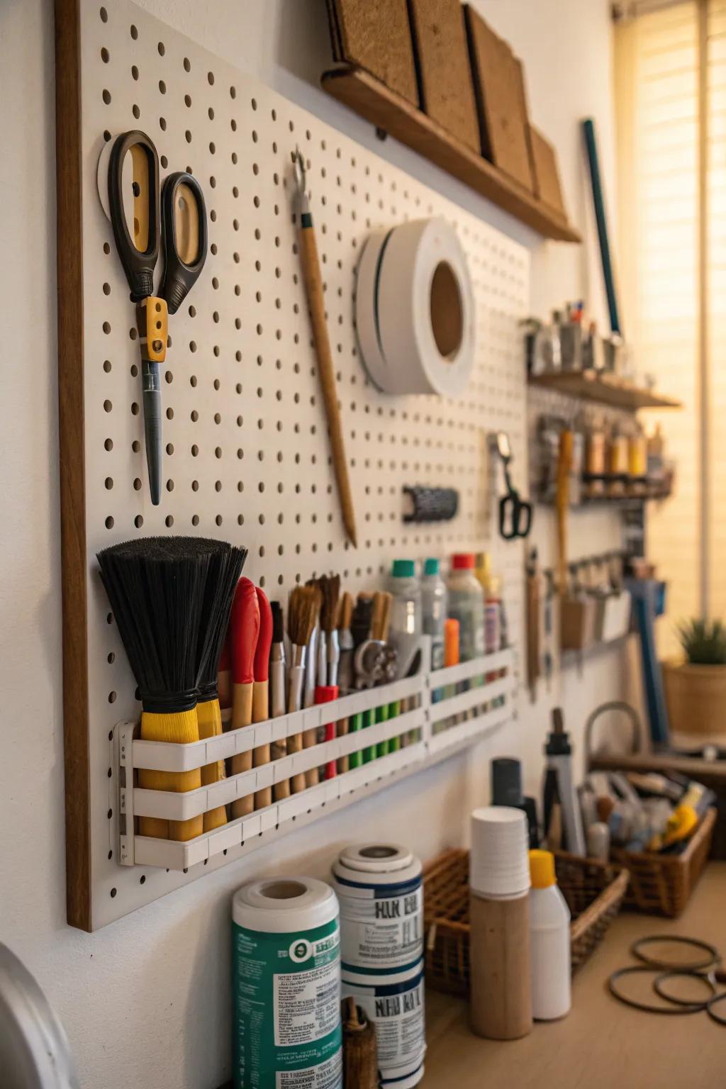 Pegboards offer effortless organization while adding an aesthetic element.