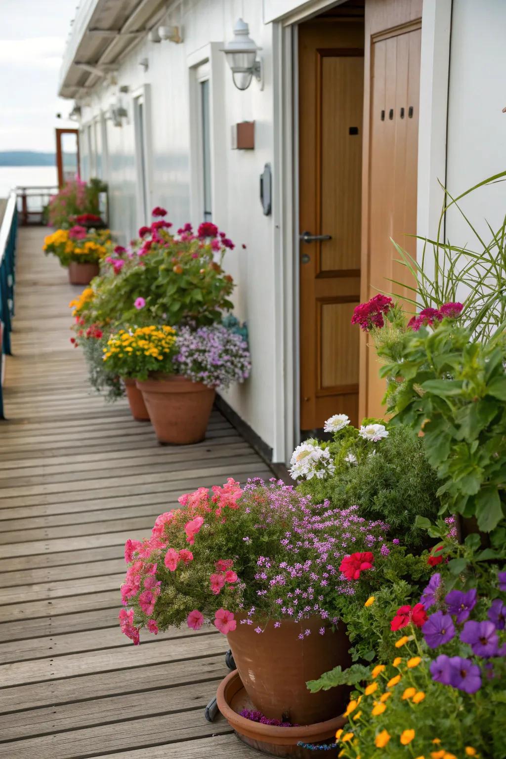 A lively deck entrance showing a variety of potted plants.