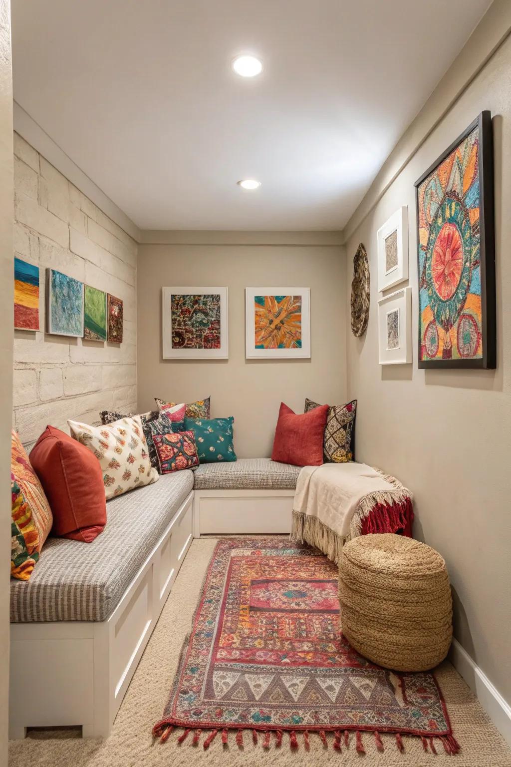 Understated hues alongside energetic features fashion a balanced area.