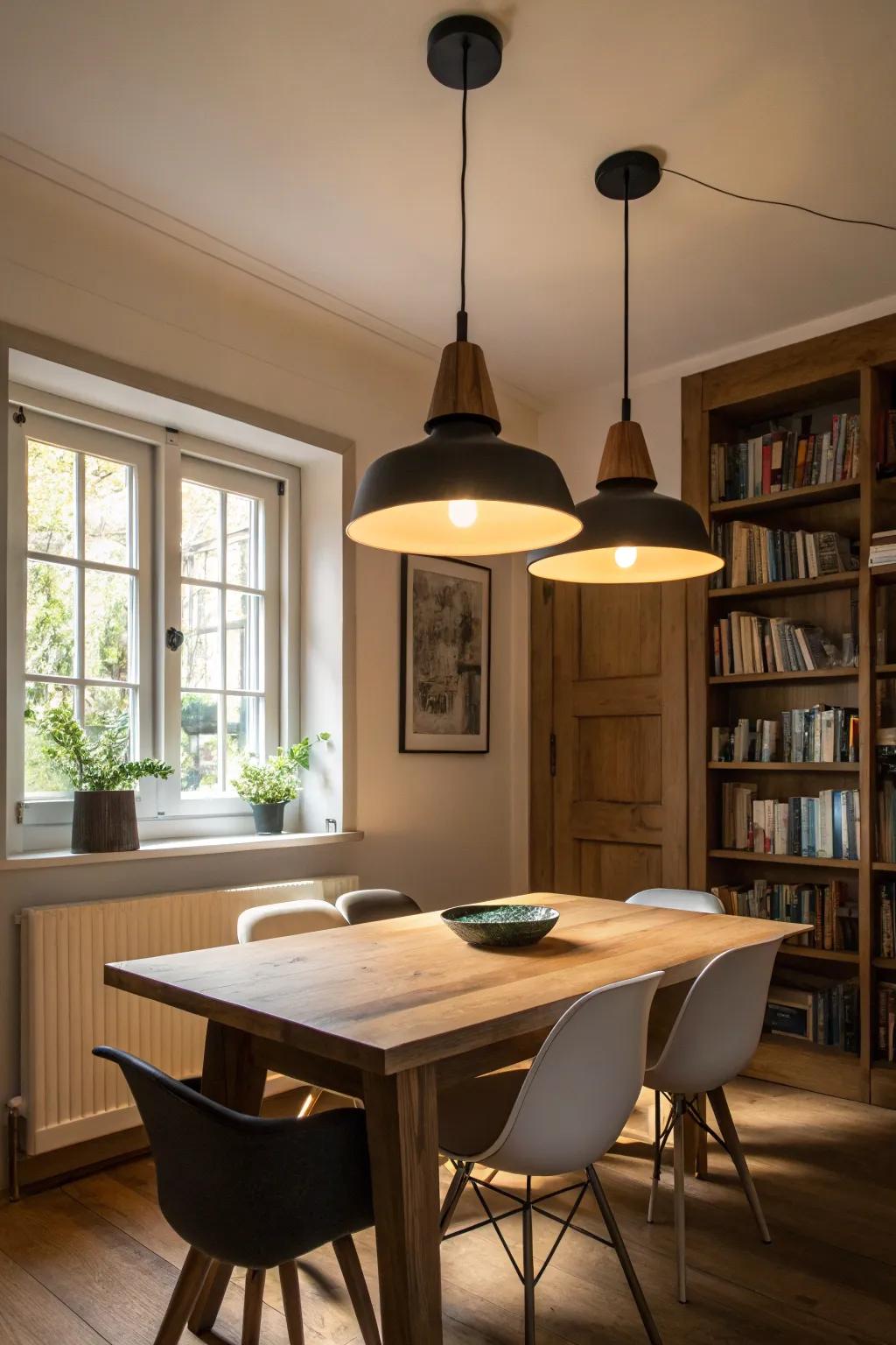 Pendant lights introduce a modern vibe to small dining rooms.