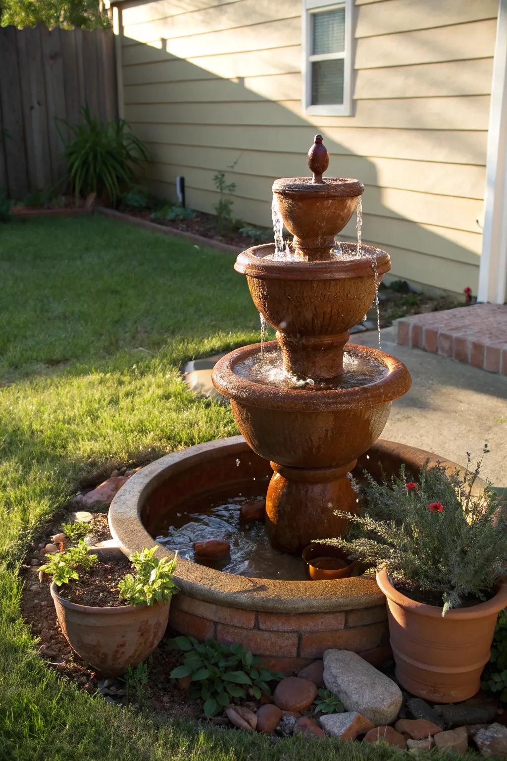 An earthenware graduated water feature enriches warmth and uniqueness.