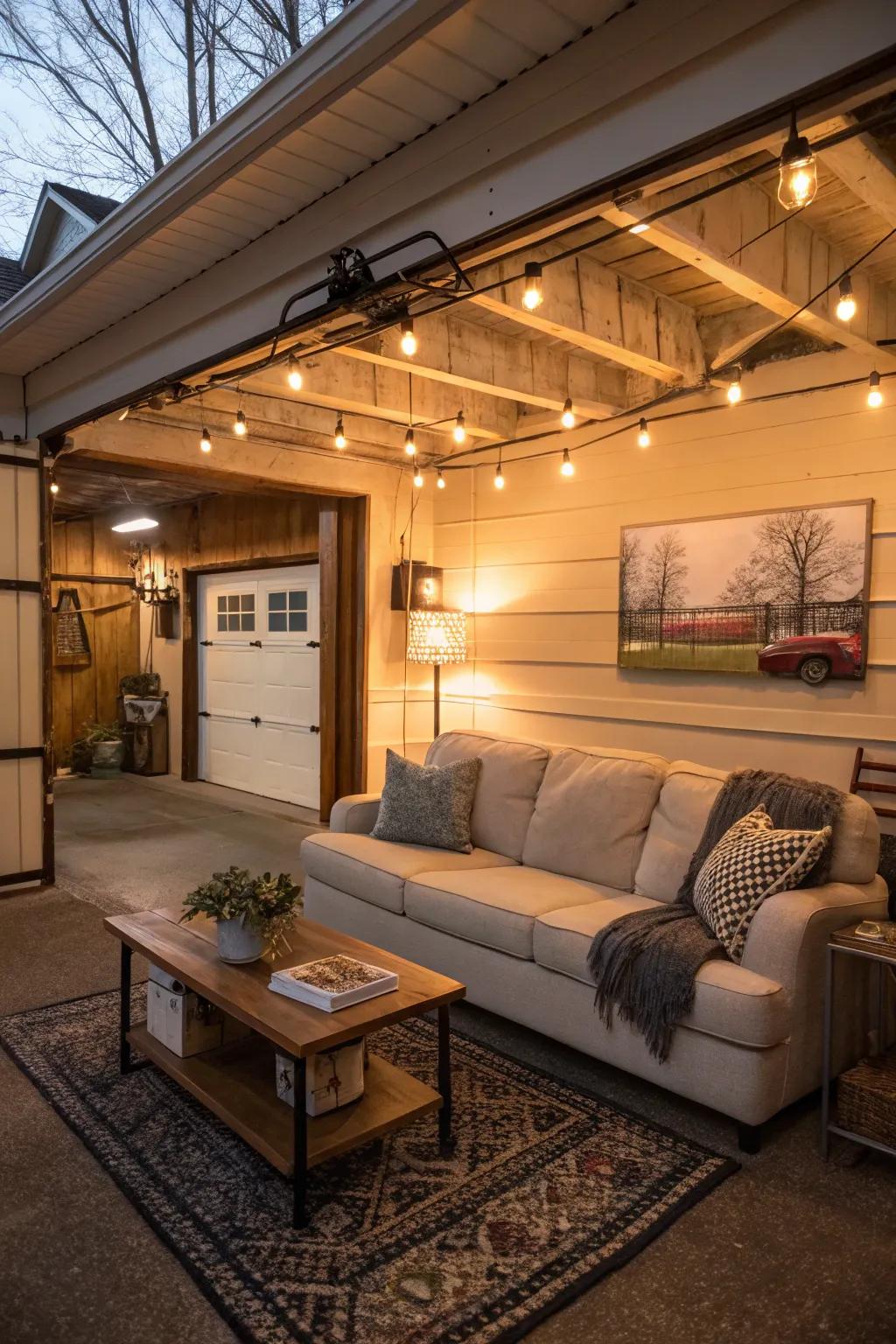 A small garage evolves into an inviting living room.