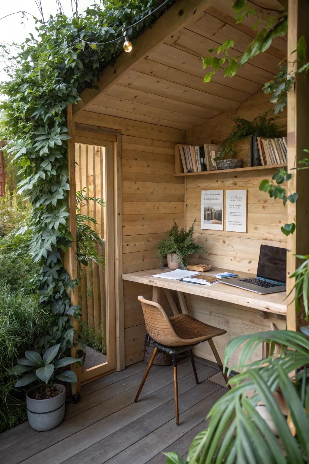 Comforting wooden elements in a garden office.