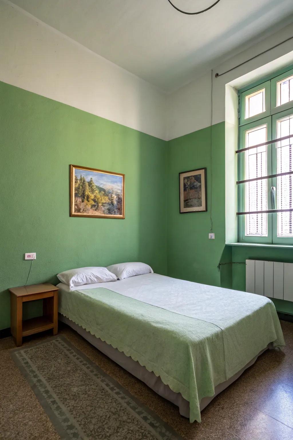 Understated decorations highlight the tranquility from green walls.