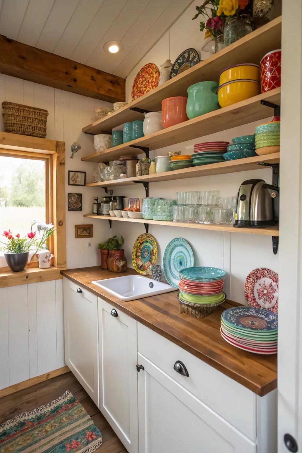 Exposed shelving introduces both style and functionality to a limited kitchen area.