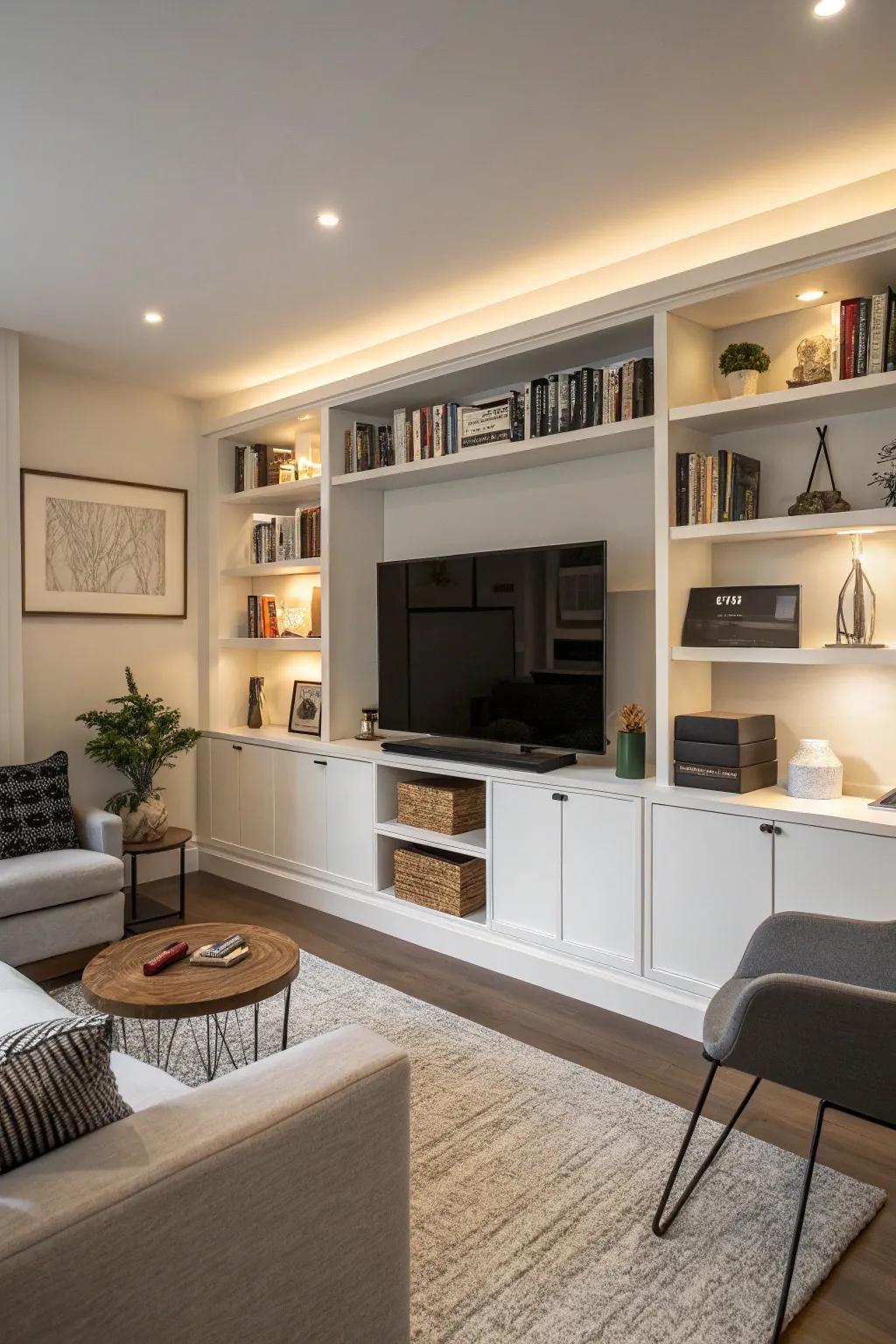 Integrated shelves offer elegant storage and make your TV seem like a natural part of the decor.