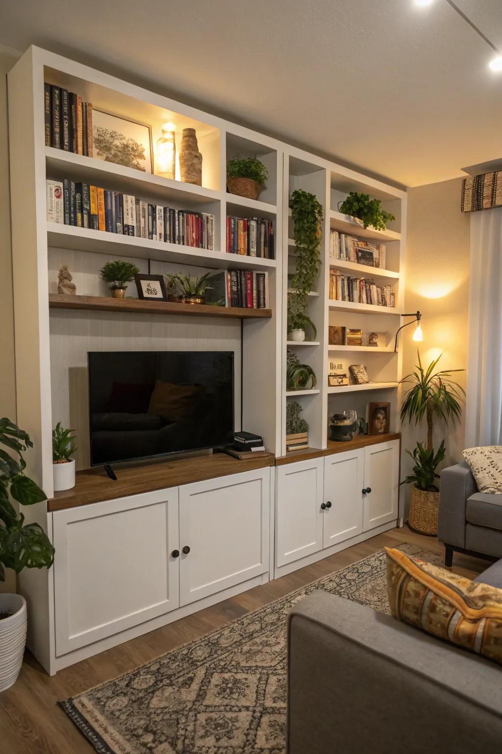 Vertical storage strategies conserve space and enrich character.