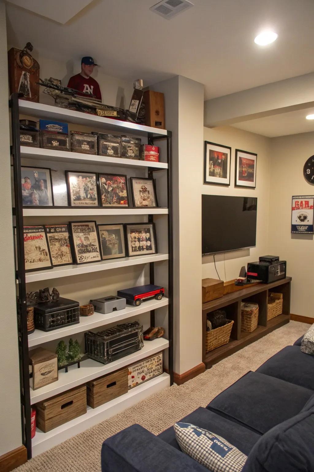 Shelves attached to walls effectively use space by going vertical, displaying keepsakes without occupying floor space.