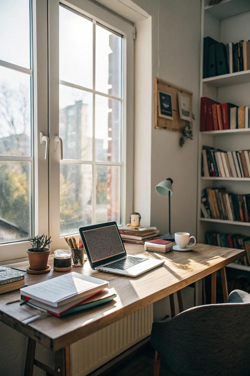 A work area arrangement designed to draw in maximum sunlight for an energizing environment.