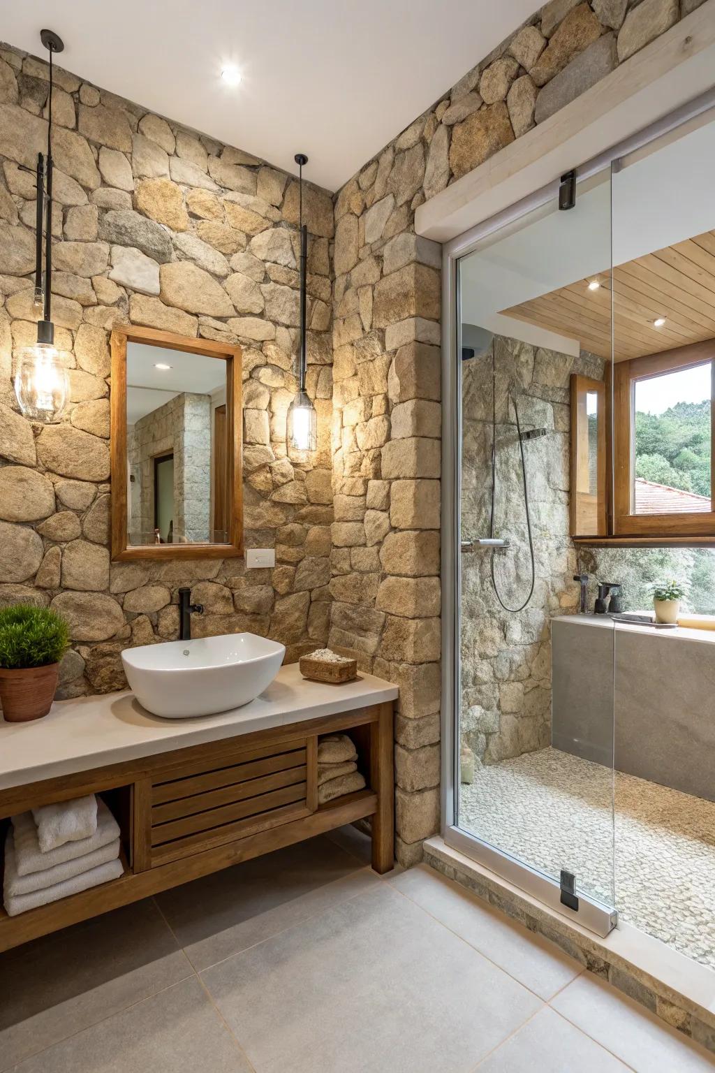 Stone cladded walls create texture within a modern yet rustic small bathroom.