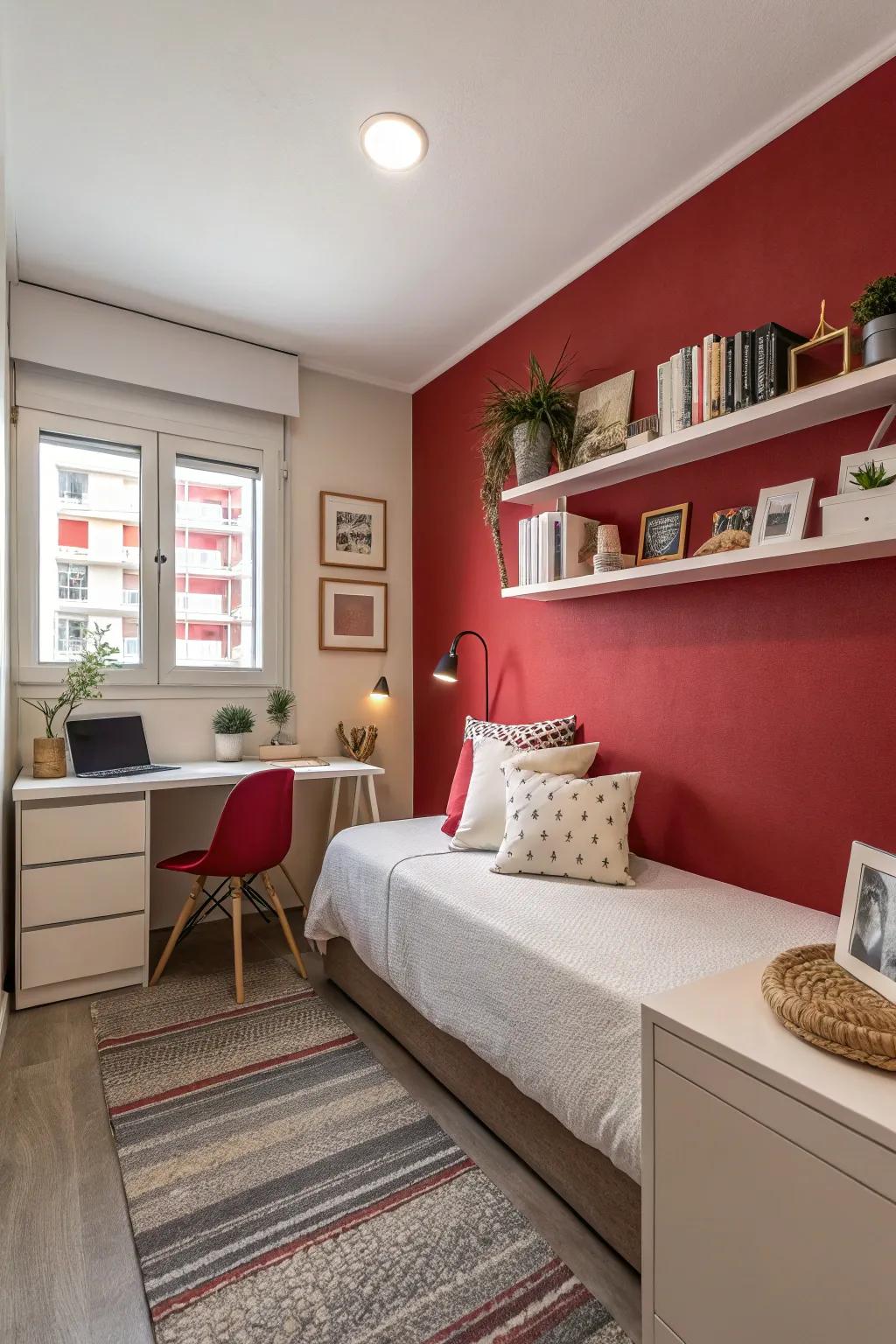 A compact bedroom showcasing a dramatic scarlet feature wall that introduces passion and coziness.