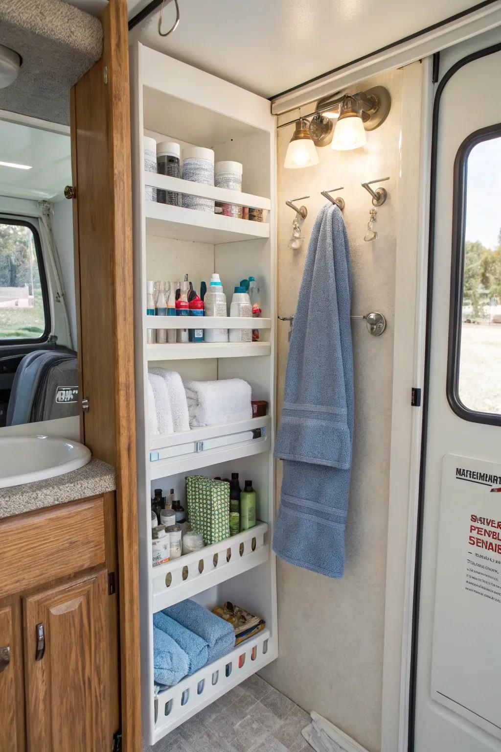 Vertical shelves and hooks offer smart storage ideas for cramped areas.