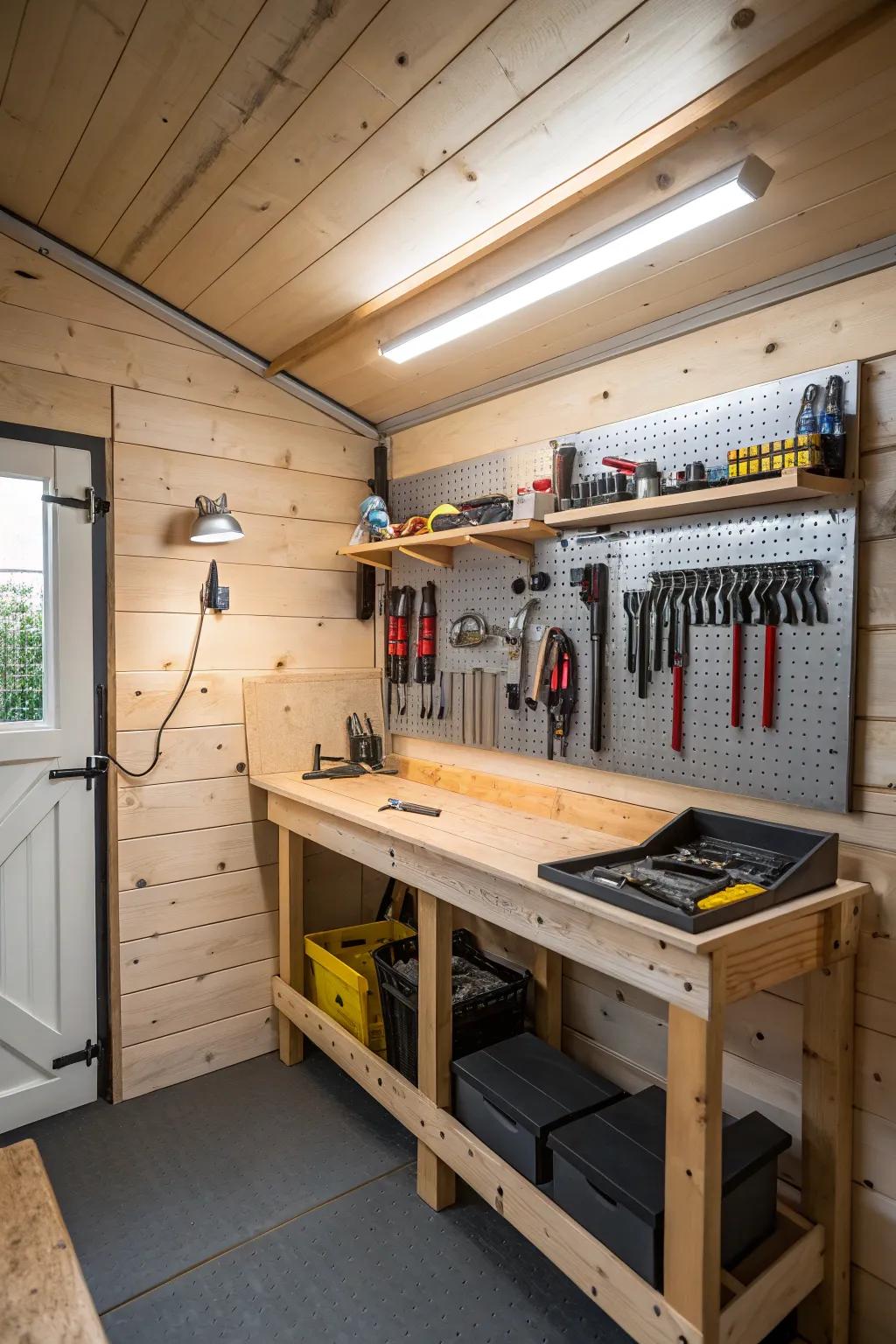 A tidy and efficient workshop space located in a compact shed.