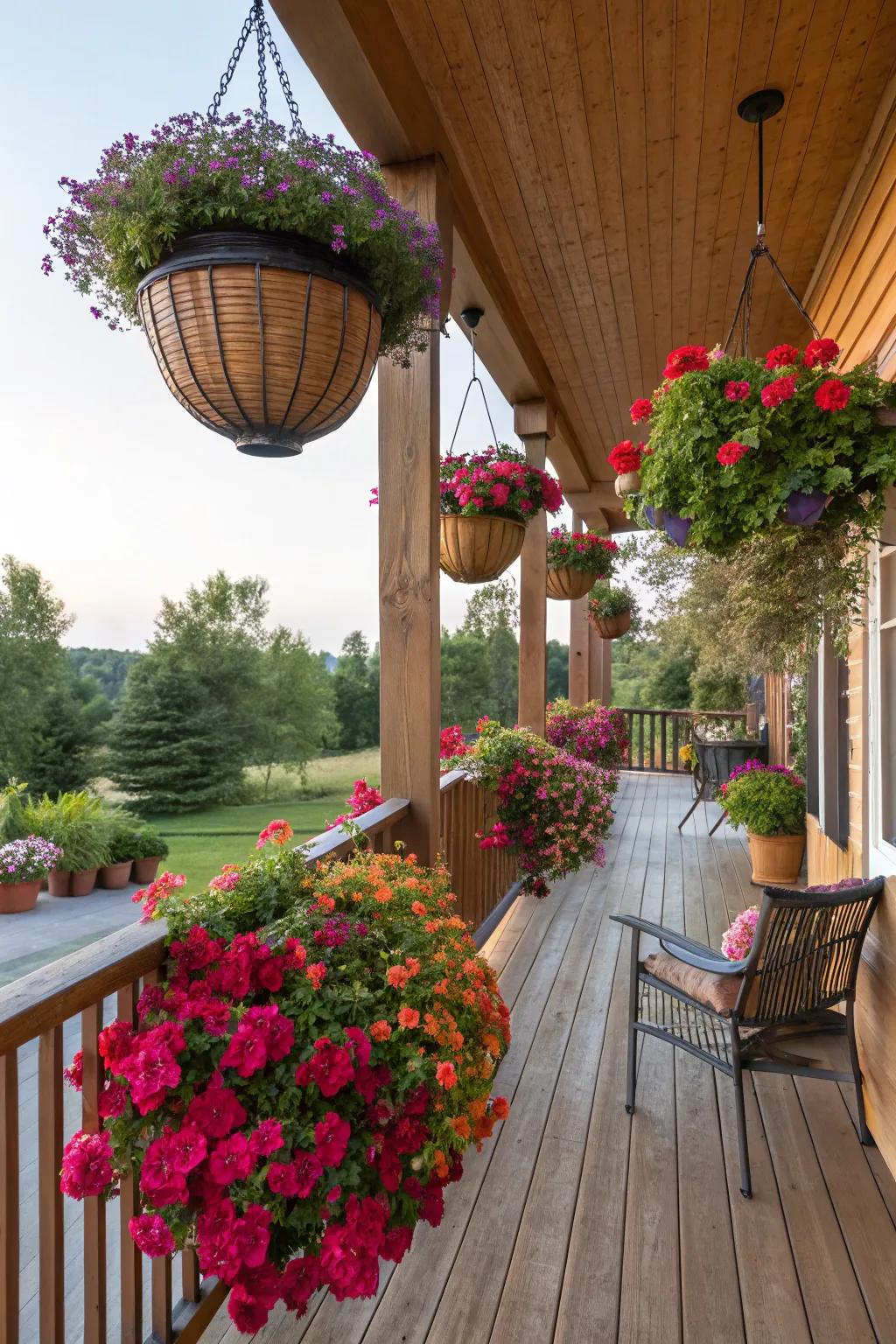 Side porch alive with vibrant potted plants and hanging baskets.