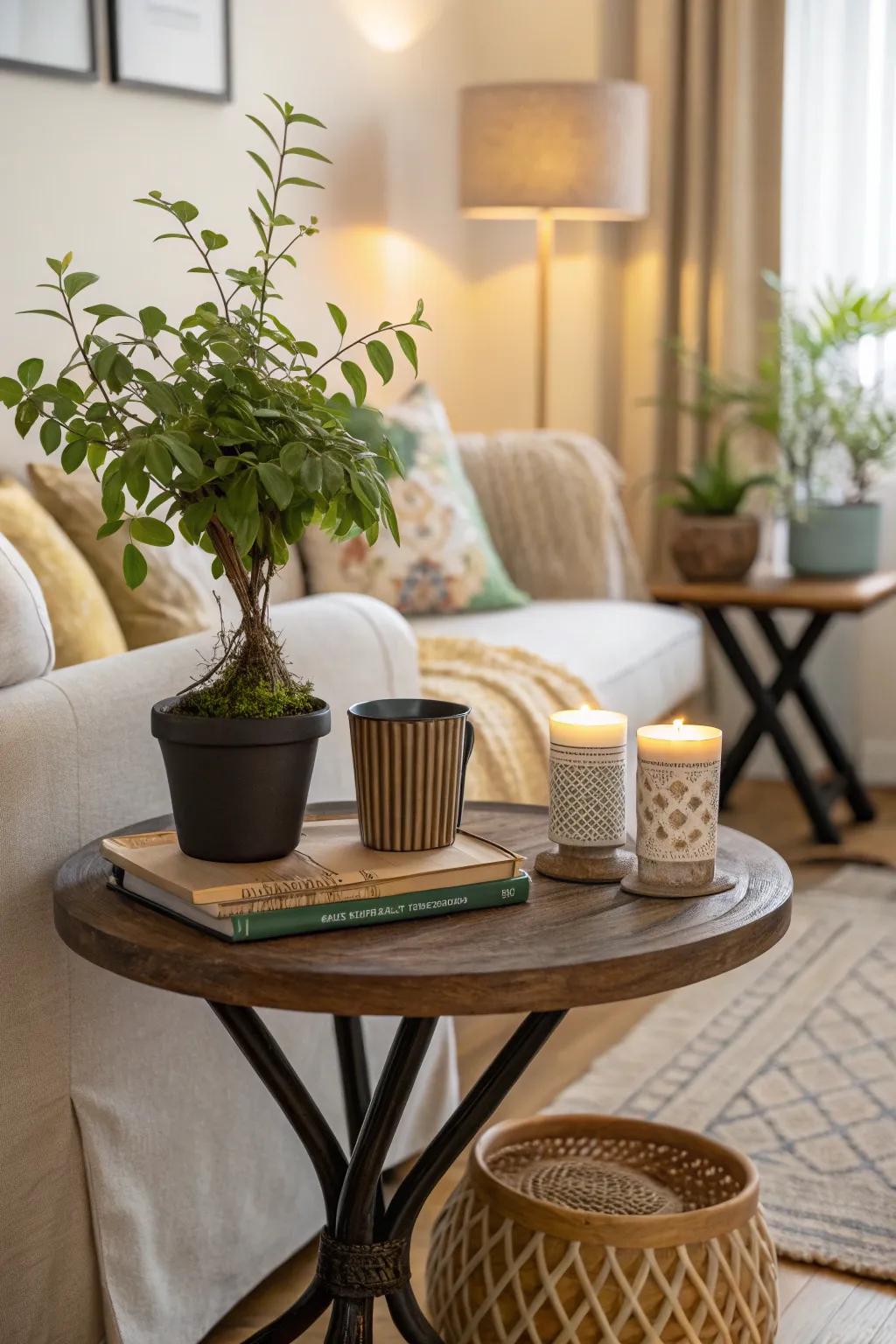 A vibrant plant brings an outdoor essence to a fashionable side table.