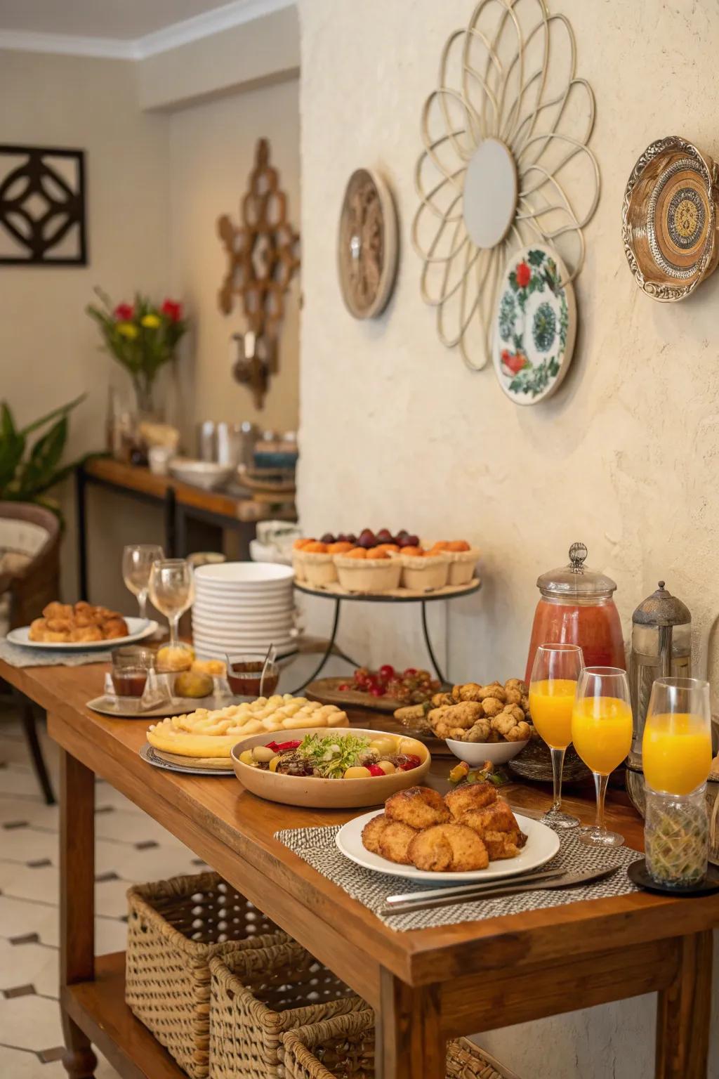 A serve-yourself style encourages people to mix and mingle and makes the best use of little space.