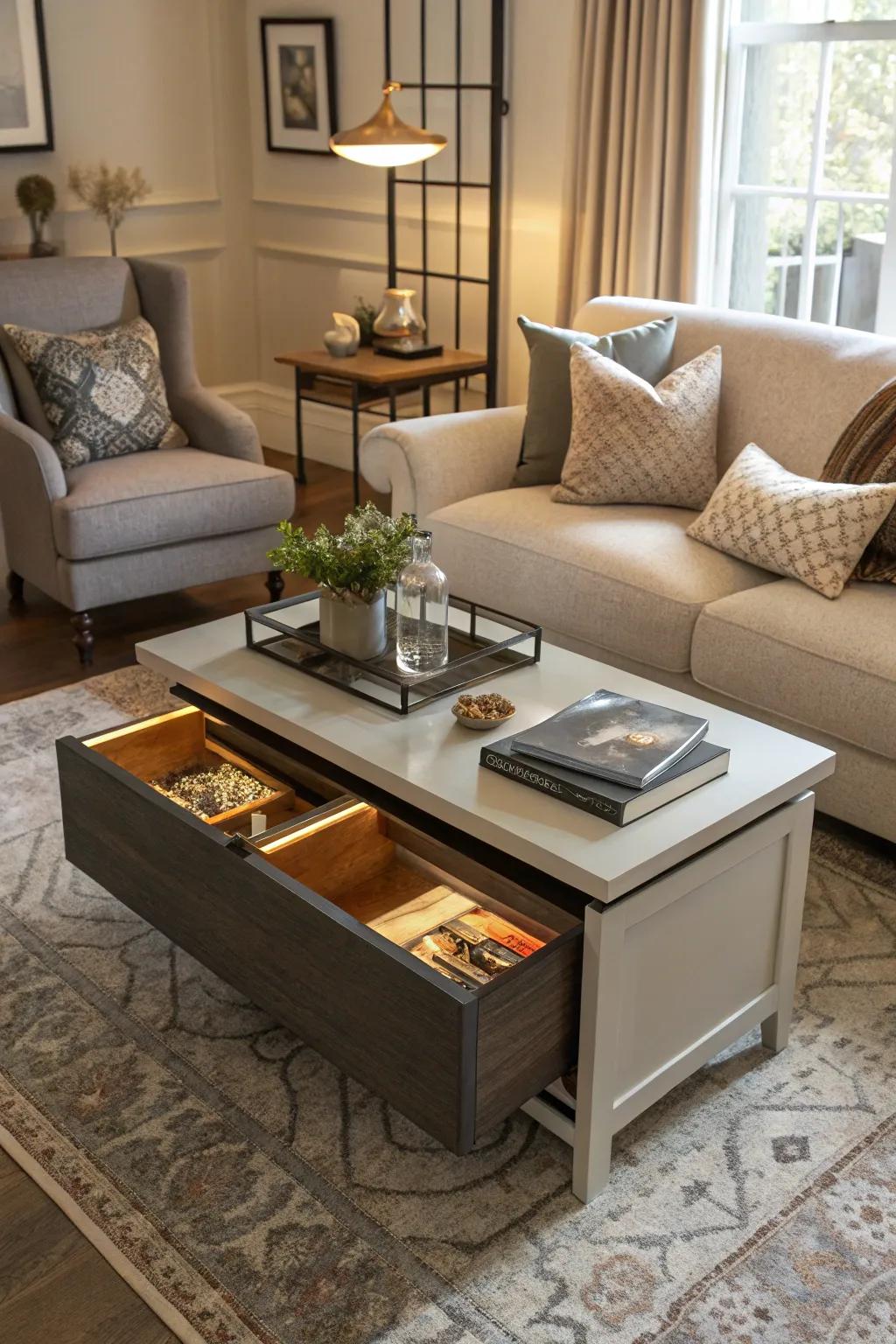 Adaptable furniture combines elegance with practical storage.
