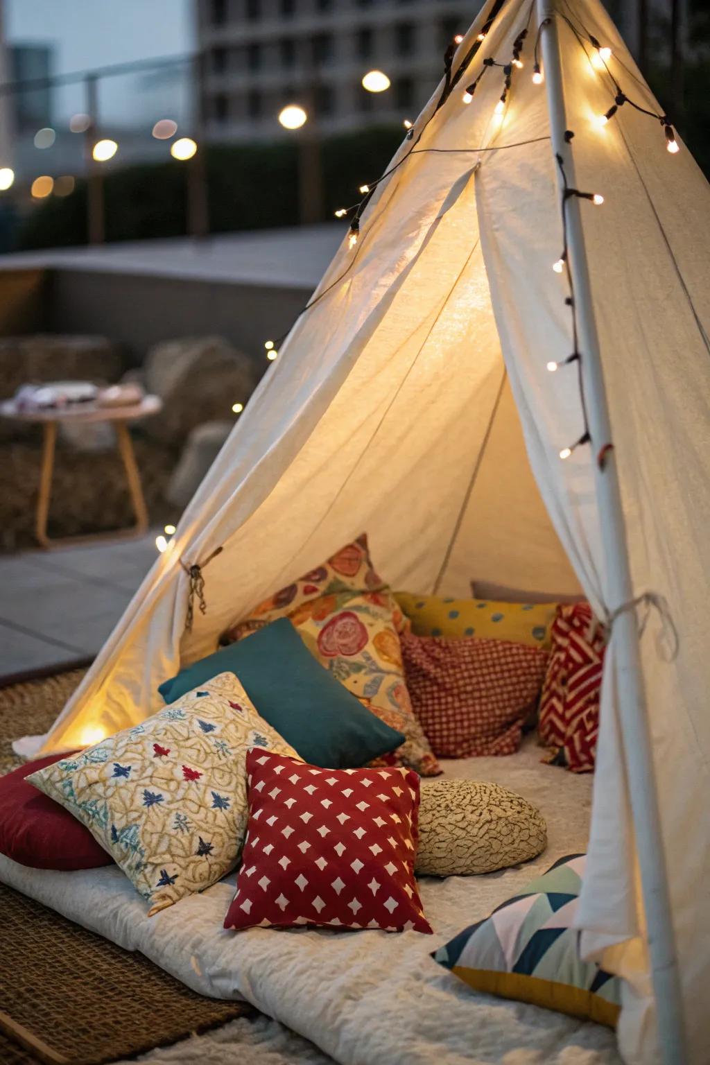 A gentle and welcoming tent space filled with soft beddings.