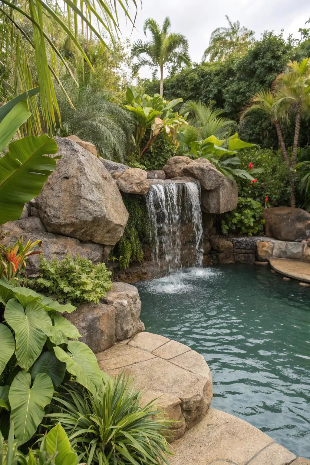 A natural stone cascade enhances the tropical feel with soothing aquatic sounds.
