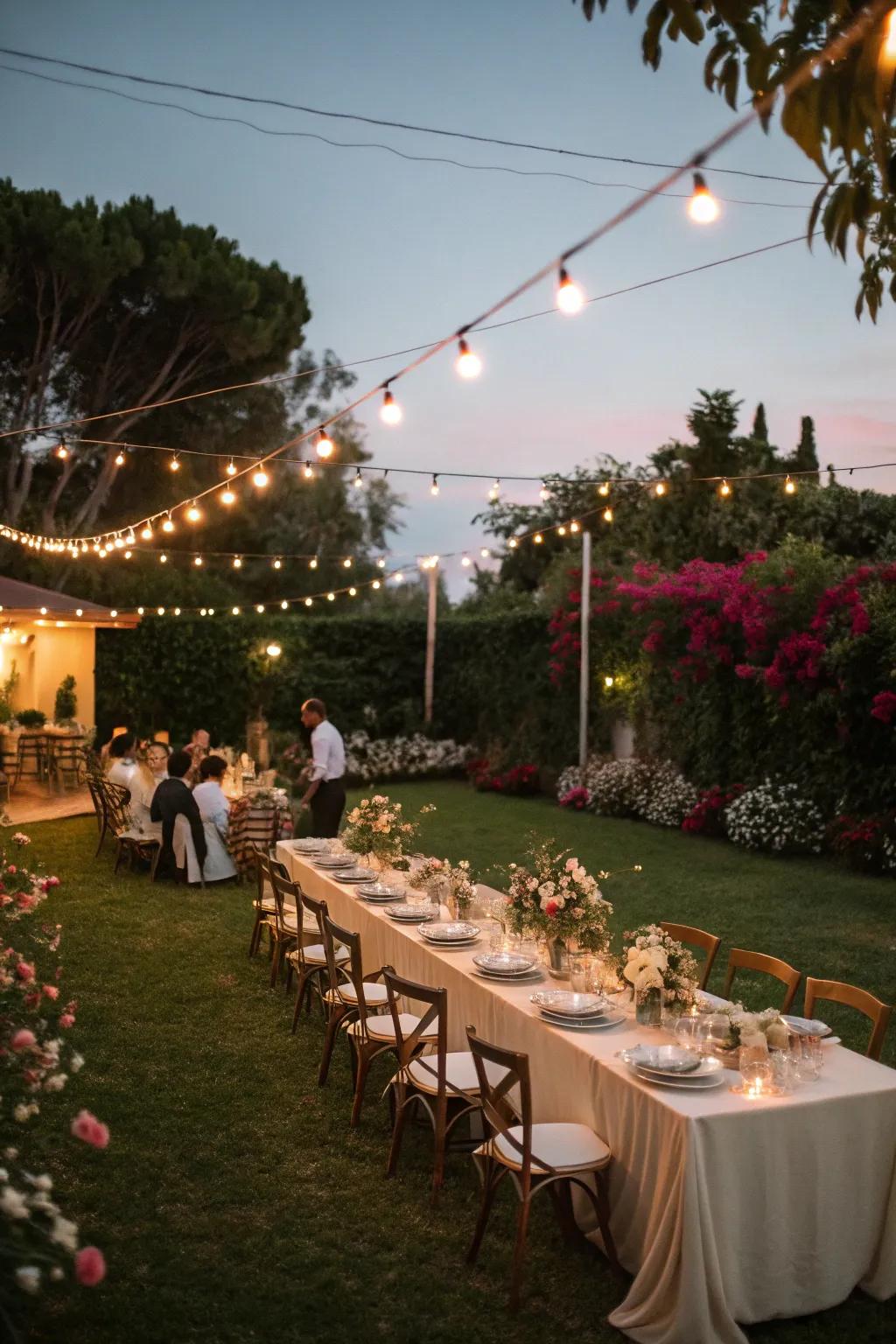A charming backyard dinner setup for an intimate wedding celebration.
