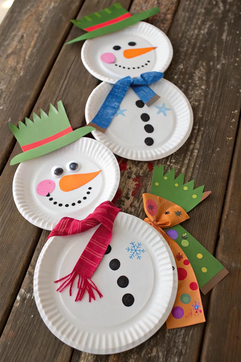 Cardboard circle snow figures lend charm to any area.