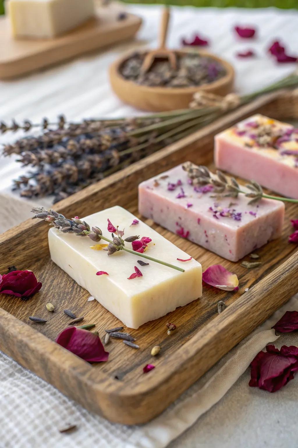 Bath bars with a nature theme that feature rose petals and dried lavender.