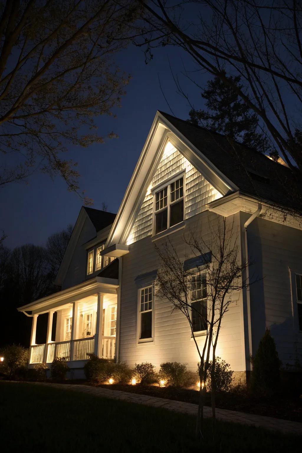 Vertical lighting beautifully emphasizes the architectural peak of a home.