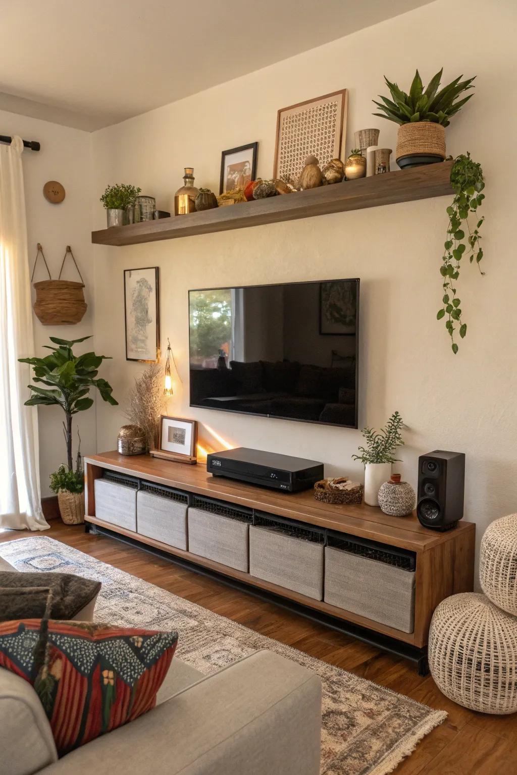 Audio enhancer displayed on a floating shelf above the TV
